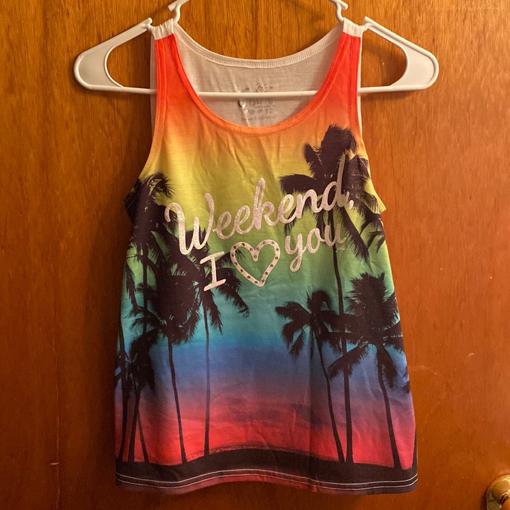 Justice Girl's White w/ Rainbow Ombre Palm Tree Print Tank Top